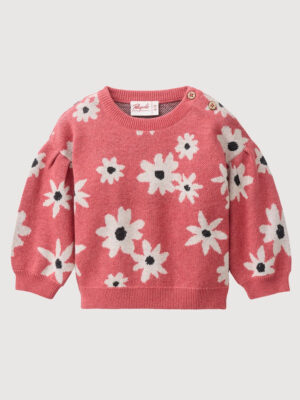 Pullover bambina fantasia fiori in maglia jacquard di cotone bio